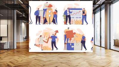 Teamwork collection of scenes isolated. People generate idea, brainstorm, collaboration at business, set in flat design. Vector illustration for blogging, website, mobile app, promotional materials. Wall mural