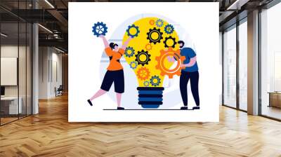 Teamwork concept with people scene in flat cartoon design. Man and woman settings and creating ideas for business, working together in successful projects. Illustration visual story for web Wall mural