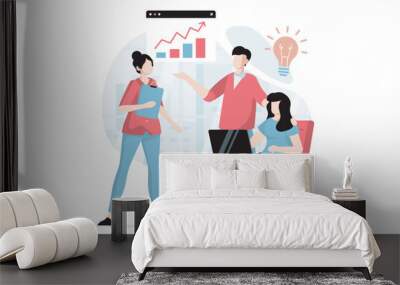 Teamwork concept with people scene in flat design. Colleagues analyze data and generate new ideas, discuss problems, find solutions for business. Vector illustration with character situation for web Wall mural