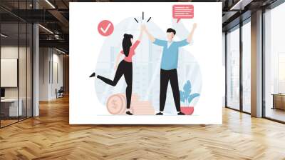 Teamwork concept with people scene in flat design. Man and woman give high five, discuss tasks and communicate, success cooperate and collaborate. Vector illustration with character situation for web Wall mural