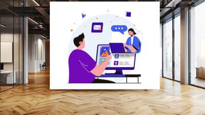 Teamwork modern flat concept for web banner design. Employees working and communicate via video call, discuss tasks in work chat, cooperate together. Illustration with isolated people scene Wall mural