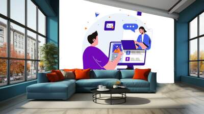 Teamwork modern flat concept for web banner design. Employees working and communicate via video call, discuss tasks in work chat, cooperate together. Vector illustration with isolated people scene Wall mural