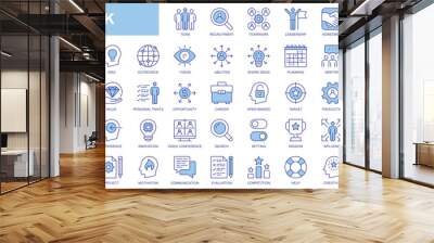 Teamwork web icons set in duotone outline stroke design. Pack pictograms with team, recruitment, leadership, agreement, success, problem solving, progress, goal, vision, planning. Vector illustration. Wall mural