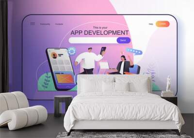 This is your App development concept for landing page. Developers create and optimization mobile applications and programs web banner template. Vector illustration in flat cartoon design for web page Wall mural