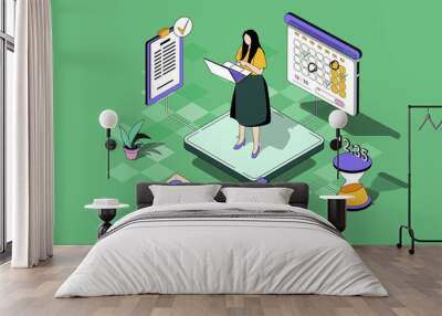 Time management web concept in 3d isometric design. Woman planning work tasks and daily activities using checklists, calendar and programs at laptop. Web illustration with people isometry scene Wall mural