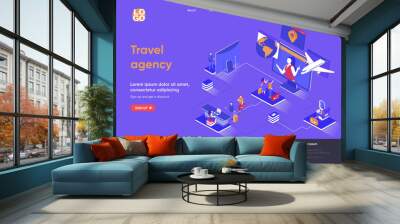 Travel agency isometric landing page. Online booking service, comfortable air transportation, airport boarding isometry concept. Tour operator flat web page. Vector illustration with people characters Wall mural