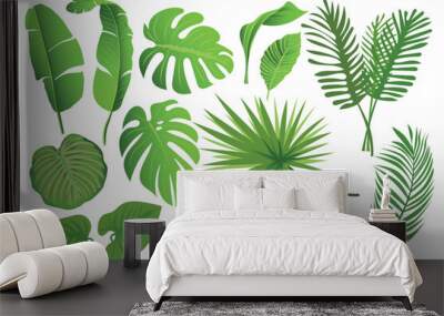 Tropical leaves set graphic elements in flat design. Bundle of different type exotic leaves, green jungle plants, monstera, banana and other botanical branches. Vector illustration isolated objects Wall mural