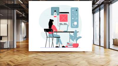 UI and UX design concept with people scene in flat style. Woman work as illustrator, drawing content and elements, creates buttons for layouts. Illustration with character situation for web Wall mural