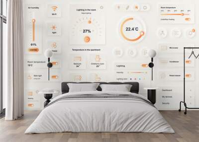 User interface elements for smart home mobile app. Unique neumorphic design UI, UX, GUI, KIT elements template. Neumorphism style. Different form, components, button, menu, vector icons. Wall mural