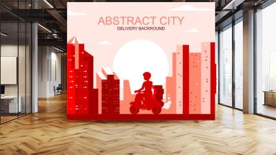 Vector illustration in simple flat style - city landscape with courier on scooter - abstract transportation service banner and delivery background with text space - header image for landing page. Wall mural