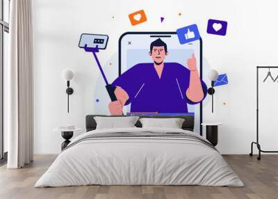 Video blogging modern flat concept for web banner design. Man with selfie stick records vlog on smartphone camera or broadcasts live to followers. Illustration with isolated people scene Wall mural