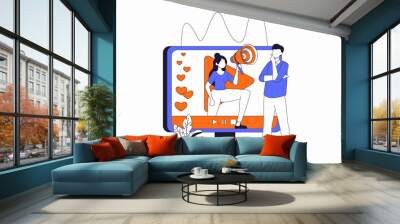 Video marketing concept with people scene in flat outline design. Woman creates promotional content videos to promote goods and services. Illustration with line character situation for web Wall mural