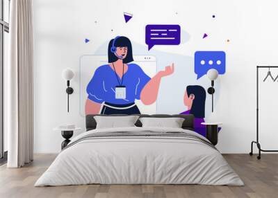 Virtual assistant modern flat concept for web banner design. Woman communicates with operator, listens to information and receives solution to problem. Illustration with isolated people scene Wall mural