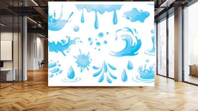 Water drops and splashes set graphic elements in flat design. Bundle of swirl and curl waves, liquid flow, falling raindrops, flowing and splashing aqua motion. Vector illustration isolated objects Wall mural