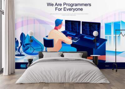 We are Programmers for everyone isometric landing page. Software development skills isometry website page. Man working on computer web concept in flat style, vector illustration with people character Wall mural