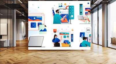 Web design isolated set. Designers create website layout, place elements. People collection of scenes in flat design. Vector illustration for blogging, website, mobile app, promotional materials. Wall mural