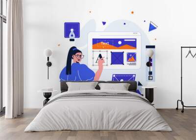 Web designer modern flat concept for web banner design. Woman creates and optimizes layout using images, places blocks on site, works with drawing tools. Illustration with isolated people scene Wall mural