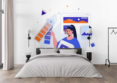 Web designer modern flat concept for web banner design. Woman draws graphic element, selects colors on palette, creates and optimizes layout of site. Illustration with isolated people scene Wall mural