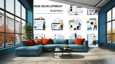 Web development concept with character situations mega set. Bundle of scenes people making websites layouts, placing elements and content, coding and testing. Vector illustrations in flat design Wall mural