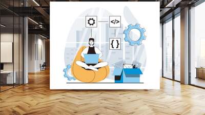 Web development concept with people scene in flat design. Man creating algorithm of engineering project, coding and creating product. Vector illustration for social media banner, marketing material. Wall mural