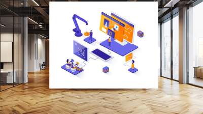 Web development isometric web banner. Full stack development company isometry concept. Software engineering 3d scene, application design and programming. Illustration with people characters. Wall mural