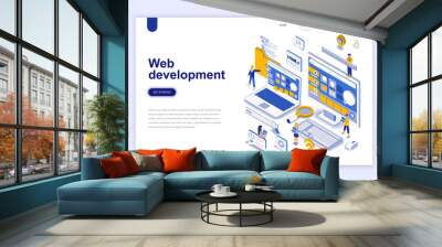 Web development modern flat design isometric concept. Developer and people concept. Landing page template. Conceptual isometric vector illustration for web and graphic design. Wall mural