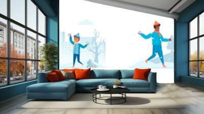 Winter family vacation bundle of scenes with people characters. Parents play snowballs with kids conceptual situations. Wintertime holidays, outdoors activities and fun cartoon vector illustration. Wall mural