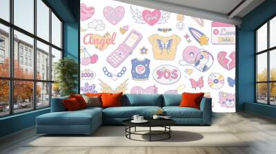 Y2k and 90s vintage style objects mega set in graphic flat design. Bundle elements of pink hearts, smiles, butterflies, mobile phone, t-shirt, cd player, other. Vector illustration isolated stickers Wall mural