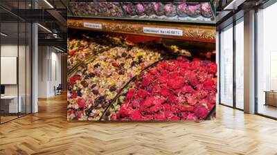 Assorted tea and spices specialties in Istanbul Turkey, Grand Bazaar Wall mural