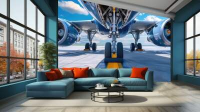 A large passenger jet is parked on an airport runway Wall mural