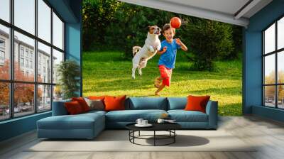 Family having fun outdoor with dog and basketball ball Wall mural