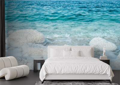 .incredibly beautiful seaside of the dead sea with blue water and white crystals of salt near.selective focus Wall mural