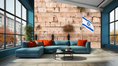 Israeli flag against the western wall  on a cloudy day Wall mural