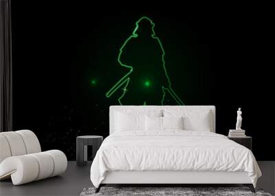 A large green outline samurai symbol on the center. Green Neon style. Neon color with shiny stars. Vector illustration on black background Wall mural