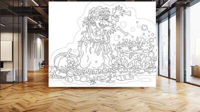 Angry old witch whispering her spells and cooking a tasty soup with bones, vegetables and spices in her large cauldron, black and white vector cartoon for a coloring book page Wall mural