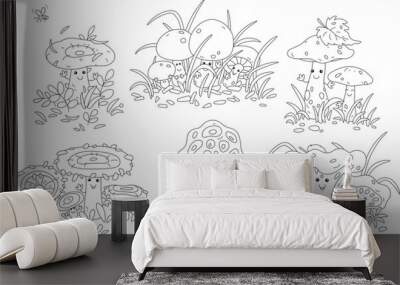 Cartoon set of forest mushrooms among grass, funny Kawaii characters, black and white outline vector illustrations for a coloring book Wall mural