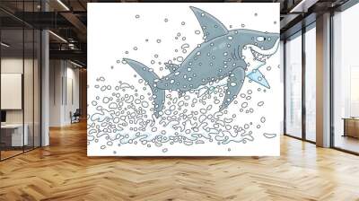 Funny great white shark and a small striped fish in splashes jumping out of water in a tropical sea, vector cartoon illustration isolated on a white background Wall mural