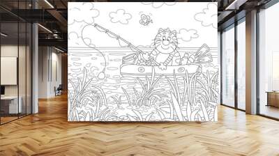 Funny striped fat cat fisherman sitting in an inflatable boat with a fishing-rod and catching small fishes in reeds of a pretty lake on a sunny summer day, black and white vector cartoon Wall mural