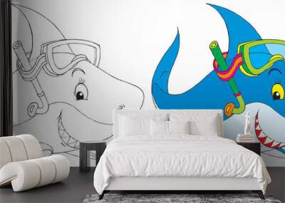 Shark diver (black-and-white and color illustrations) Wall mural