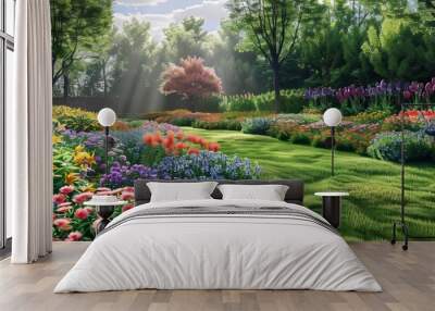 Beautiful garden full of flowers, 4K hyperrealistic photo Wall mural