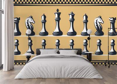 Chessmen, chess pieces set - vector illustration, on a gold background Wall mural