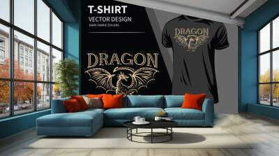 Dragon vector illustration for t shirt printing and embroidery - design on a black background. Wall mural