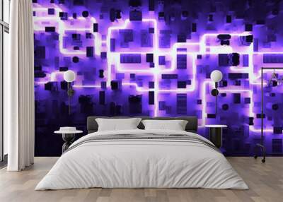 Abstract 3d rendering background. City block with bright line that cross it. Glowing 3d shape  in the center of computer generated city. Concept illustration.
 Wall mural