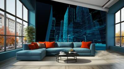 Digital skyscrappers with wireframe texture. Technology and conn Wall mural