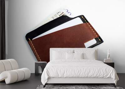 Brown leather wallet with blank cards, isolated on white background Wall mural