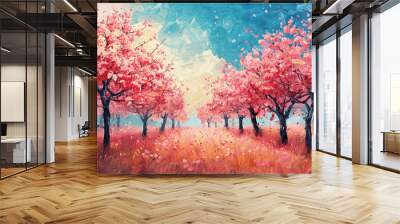 Cherry trees in full bloom against a painted sky. Artistic digital illustration with dynamic brushstrokes. Springtime beauty concept for interior design, canvas prints, and wallpaper Wall mural