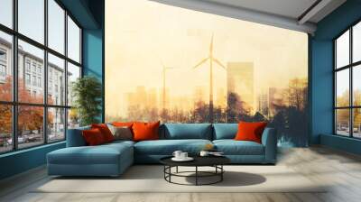 City skyline with wind turbines. Sustainable urban development concept. Low carbon city visualization. Design for renewable energy and green technology initiatives Wall mural