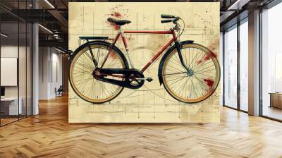 Classic bicycle with technical blueprints background. Artistic digital painting showcasing vintage design and engineering. Urban cycling and retro technology concept for poster, art print Wall mural