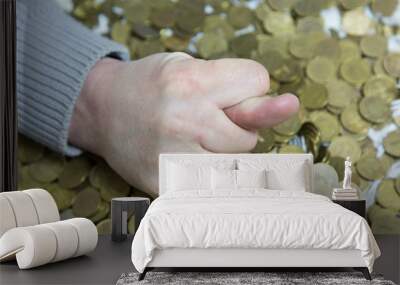 Combination of fingers on the hand against the background of money. The man's hand from the fingers depicts the refusal and lack of money. Wall mural