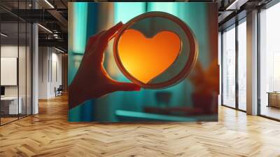 Conceptual Photo for Love and Relationship. Love Yourself. Single Person using Hand to Form a Heart Shape on the Mirror. Wall mural